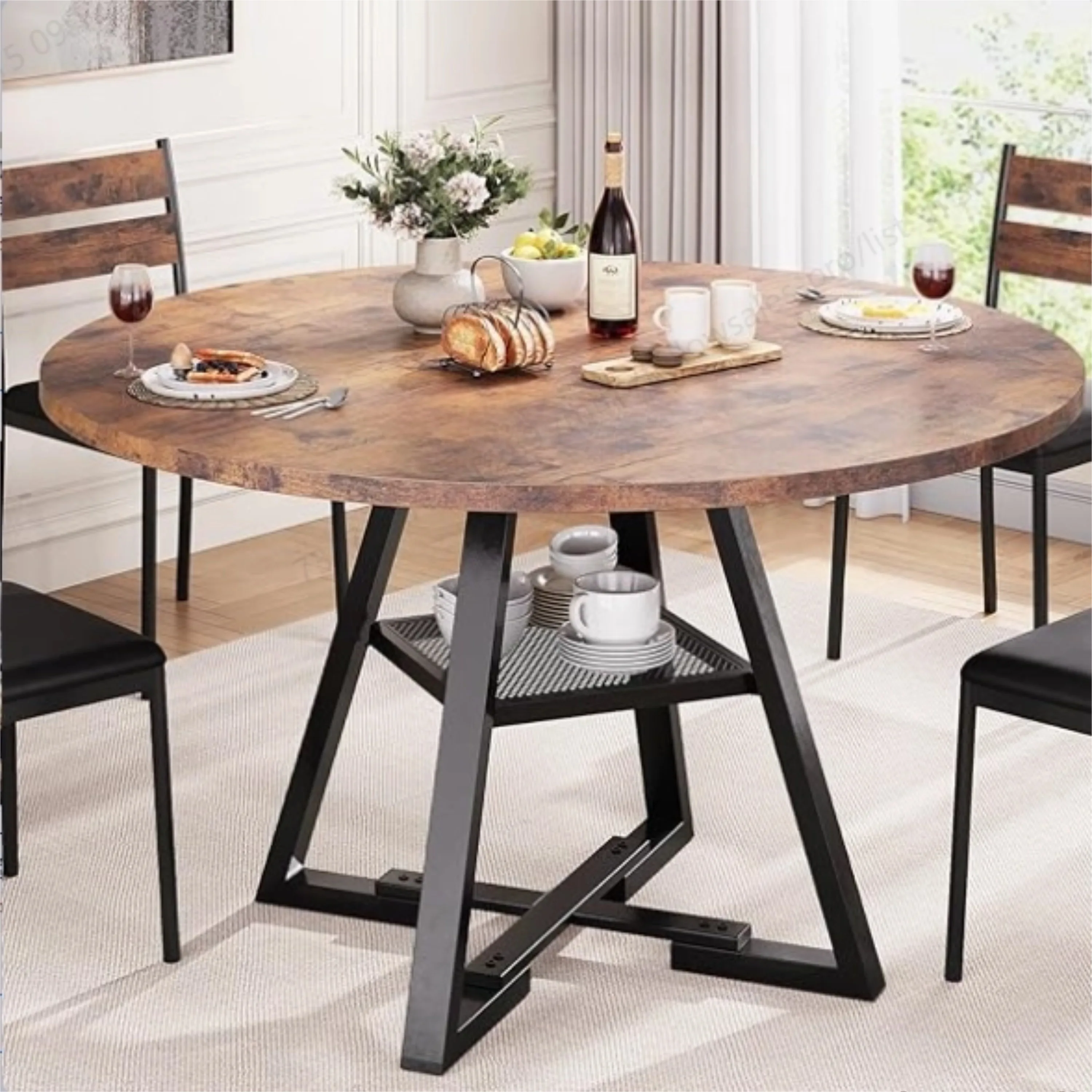 Superaly, runder Esstisch im Vintage-Industriestil, 120 cm x 75 cm, runder Esstisch für den Heimgebrauch, bequemer Küchentisch für den Empfang von Gästen, runder Esstisch mit Ablagefächern, Esstisch,