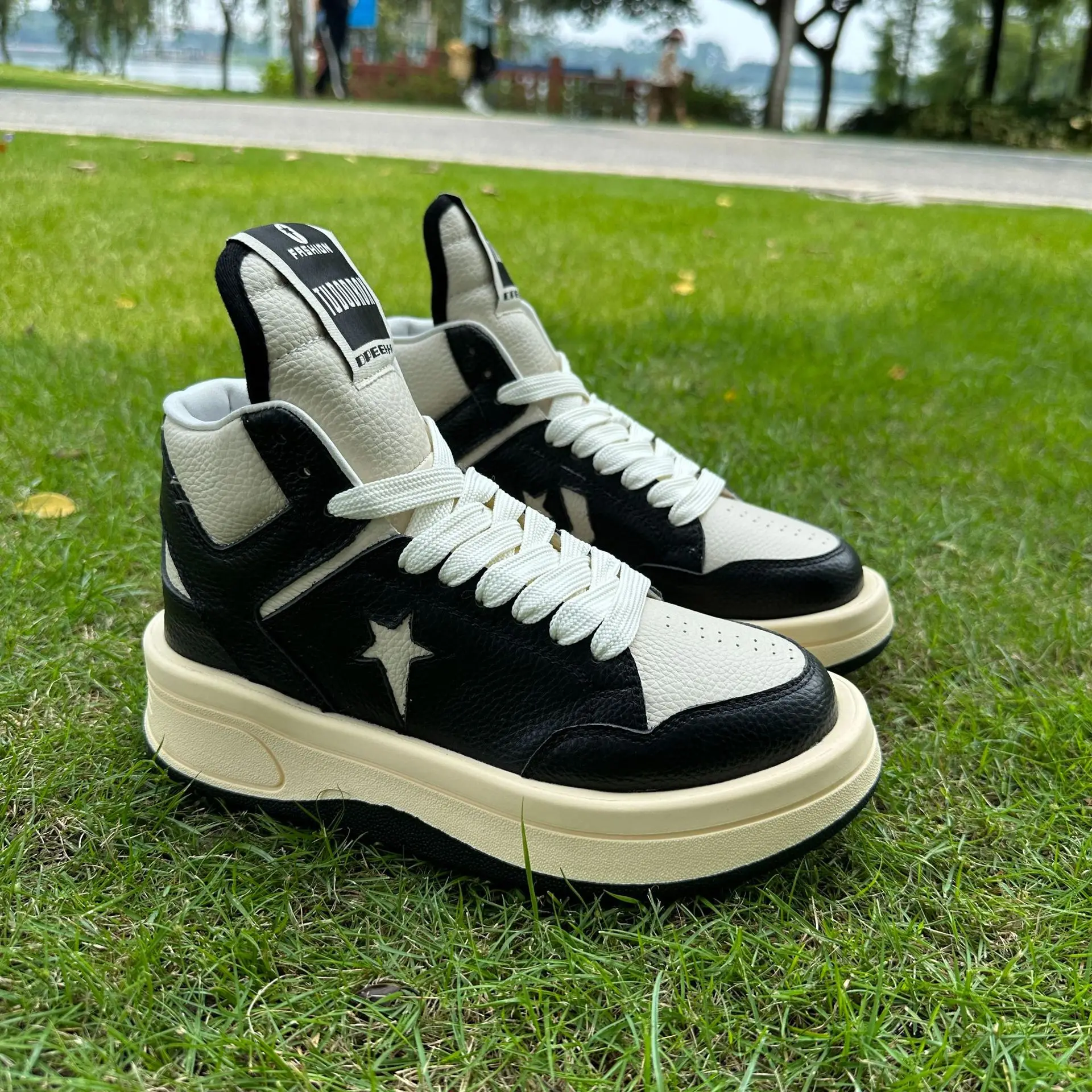 full grain leather high top white sneakers breathable comfy thick sole versatile casual shoes in stock view 2