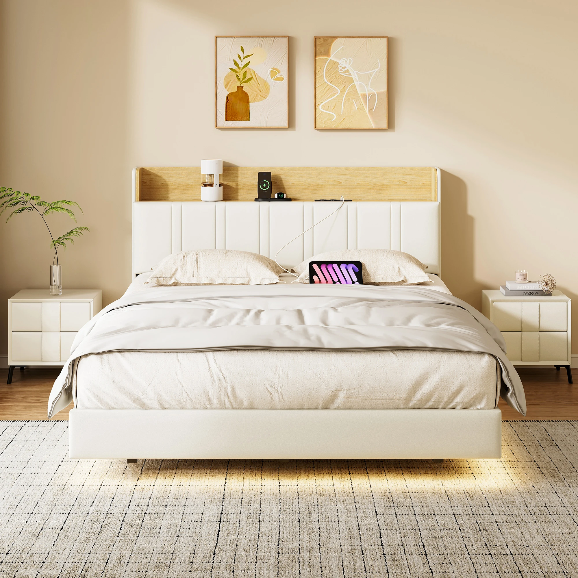 Cama Tapizada Superaly de 140x190cm con Tira de LED, Cama Doble Flotante, Cabecero con Almacenamiento, Estructura de Cama con Somier, PU