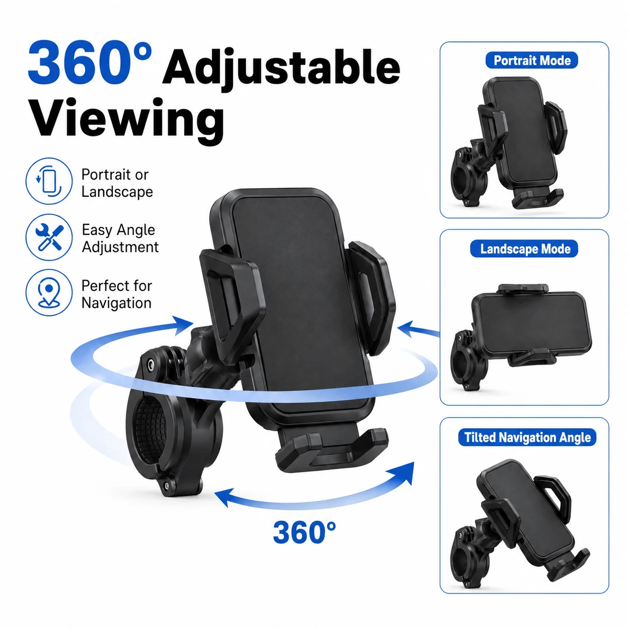 360° Bike Phone Mount, Anti-Shake Handlebar Holder with Tool-Free Clamp for Motorcycle, E-Bike, Scooter and Bicycle, Black, 1 Pc