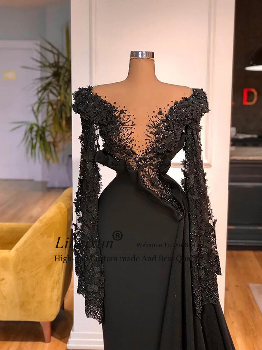 Elegant Satin Beaded Shiny Evening Gowns Women Pearls Lace Long Sleeves Prom Gowns Formal Occasion Floor-Length Robe De Soirée