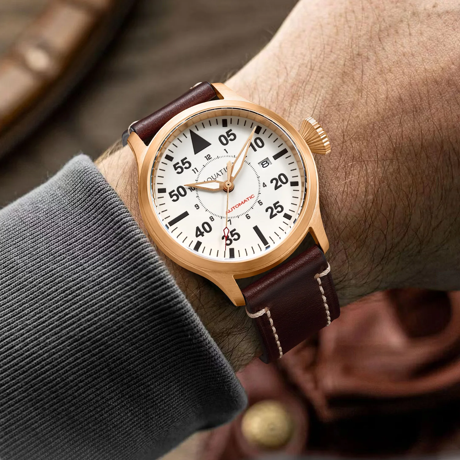 Bronze Horizon Hawk White Full Lume Dial Automatic Pilot Watch