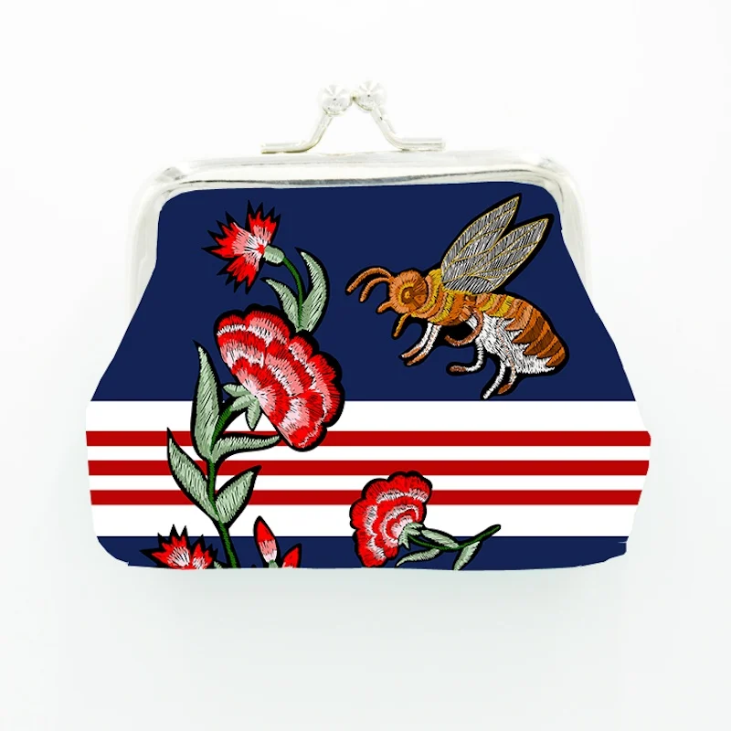 24 Buah/Lot Dompet Koin Lebah Bordir, Dompet Mini Kunci Ciuman Kulit PU, Desain Bunga Antik, Hadiah Butik, Logo Kustom, Teks