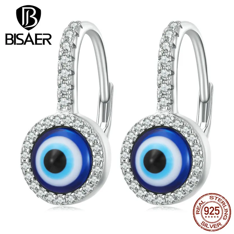 BISAER 925 Sterling Silver Evil Eye Hoop Earrings Plated Platinum  Pave Setting Zircon for Women Luxury Original Fine Jewelry