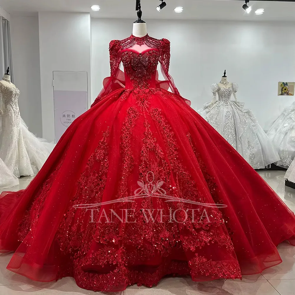 

Женское вечернее платье с высоким длинным рукавом и замочной скважиной сзади, украшенное кристаллами и бантом из бисера, красные длинные платья для особых случаев