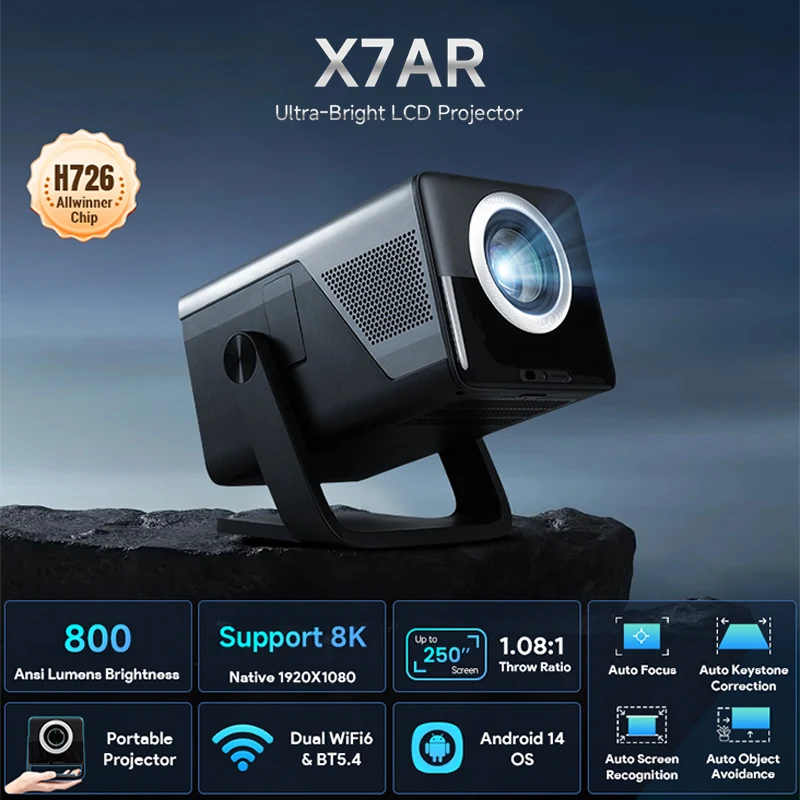 8K Support X7 AI Smart Projector met Android 14 OS, UHD 1080P 1000 ANSI ingebouwde apps, automatische focus & keystone, home/outdoor beamer