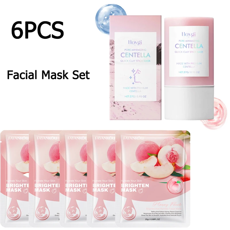 Facial Mask Set 6Pcs Honey Peach Hydrating Face Sheet Mask and Centella Asiatica Clay Mask Stick Soothing Oil Control Skin Care