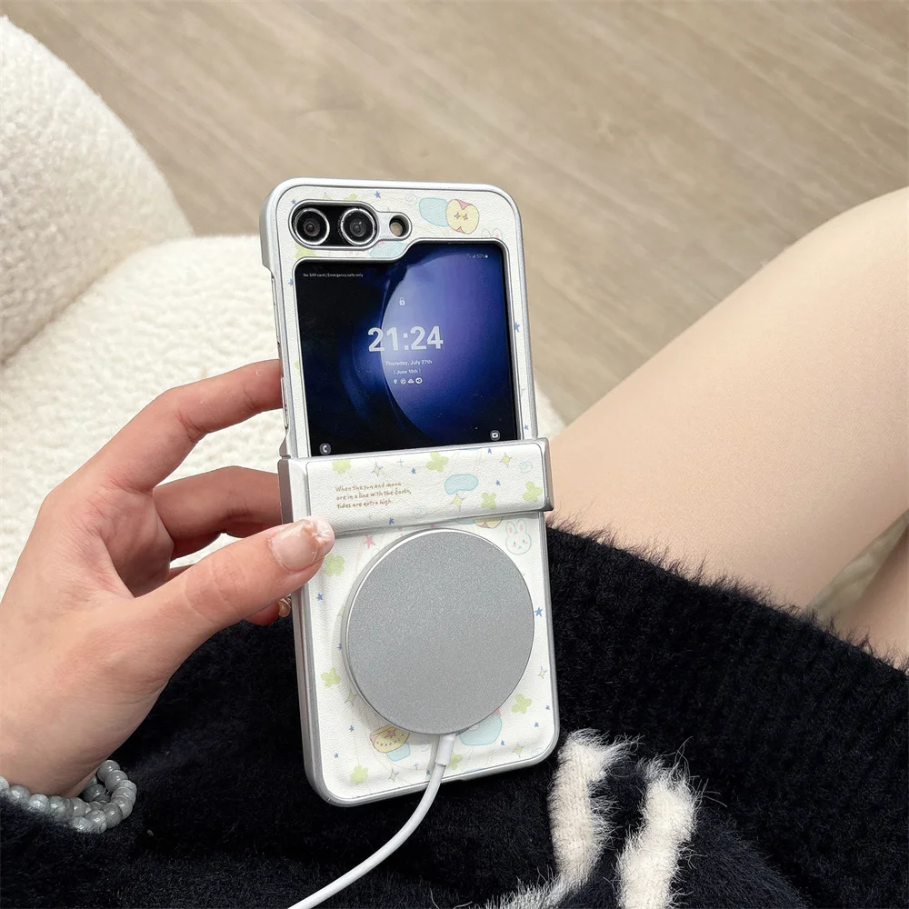 Cute Miffy Bunny Birthday Candle Pattern Magnetic PU Leather Phone Case For Samsung Z Flip 8 7 6 5 4 Full Hinge Anti‑Drop Foldin