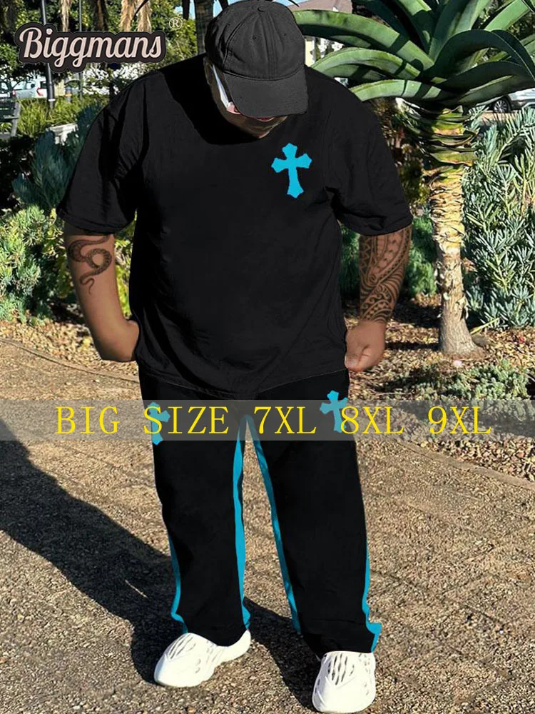 

Biggmans （L-9XL）Plus Size T-Shirt Set For Men's Casual Cross Black Two Piece Set