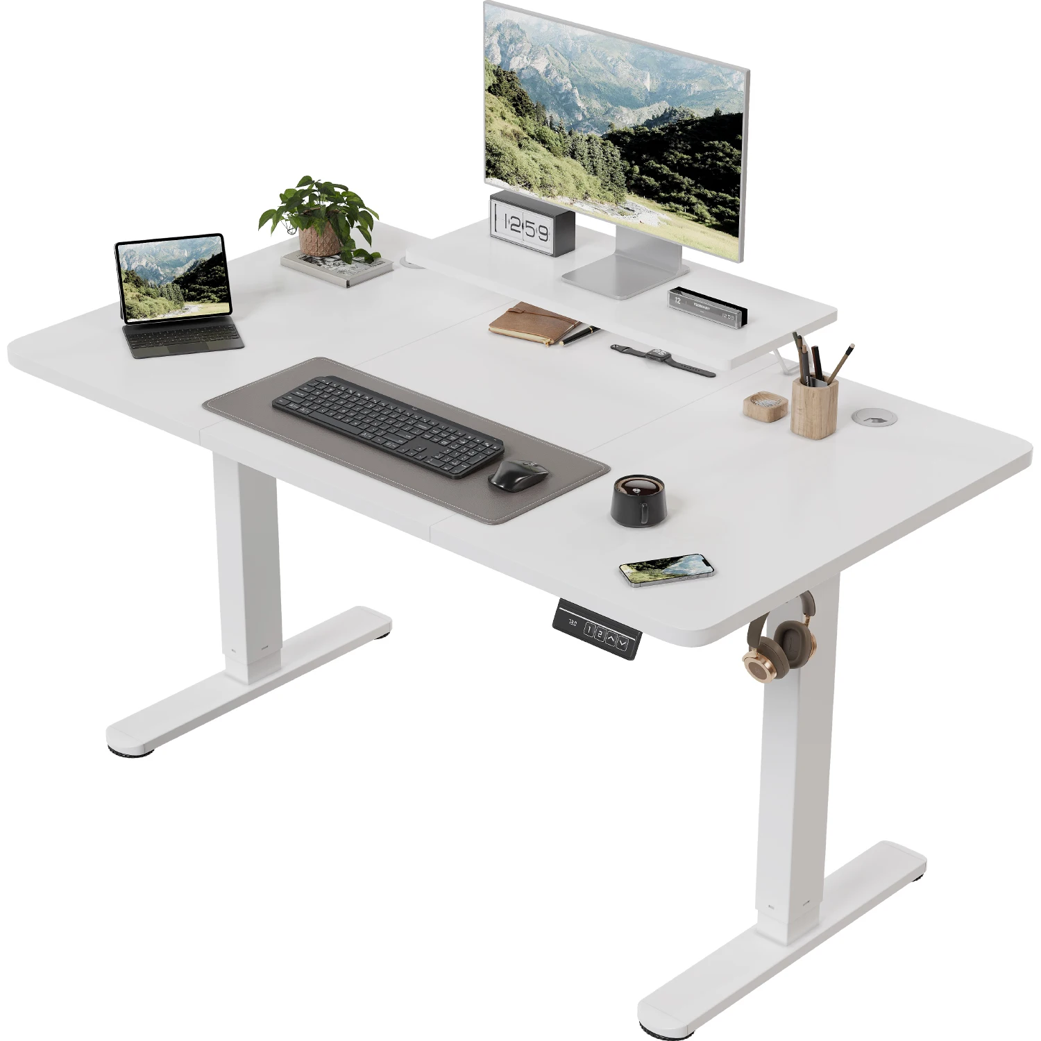 Devoko In hoogte verstelbaar bureau Elektrisch 120 × 60 cm met monitorstandaard Ergonomische stoel Sta-bureau (wit)