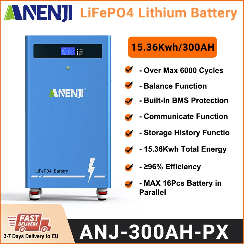 

ANENJI 51,2 В 300 Ач LiFePO4 Аккумулятор 15,36 кВтч 16 кВтч Полная емкость Встроенный BMS 6000 циклов Литиевый фотоэлектрический параллельный накопитель энергии
