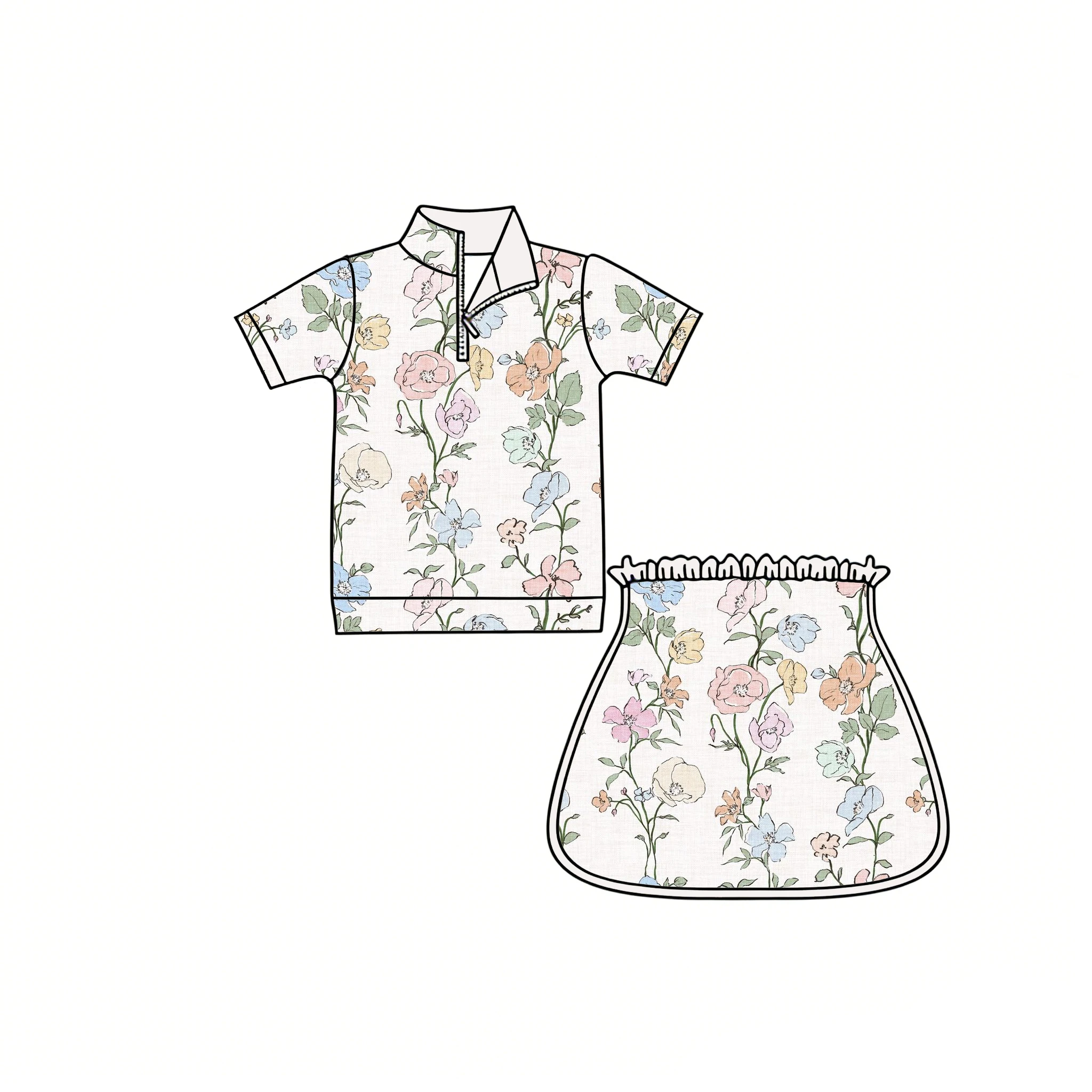 Boutique Children's Best-Seller Girls' Set Short-sleeved top paired short skirt Neckline Zipper Flowels print Custom Wholesale