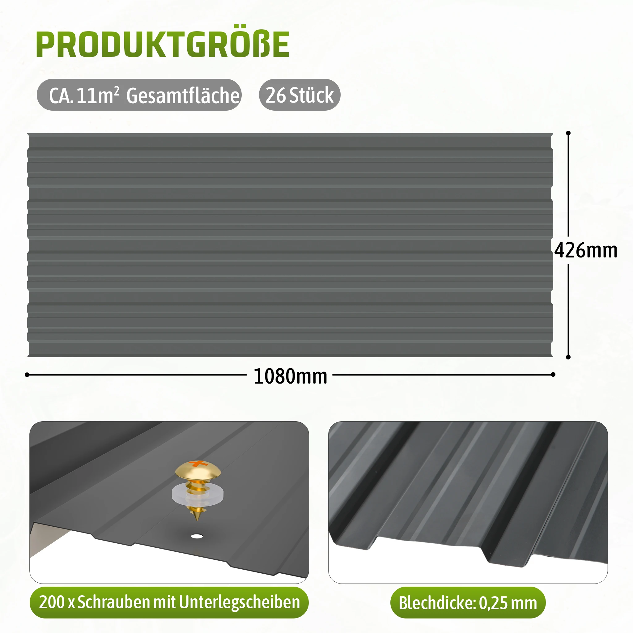 26 Stuks Zware Gegalvaniseerde Stalen Golfdakplaten, 3 Kleuren Zwart, Grijs, Groen, Buiten, Tuin, Tuinhuis, Garage, Terras, Prieel