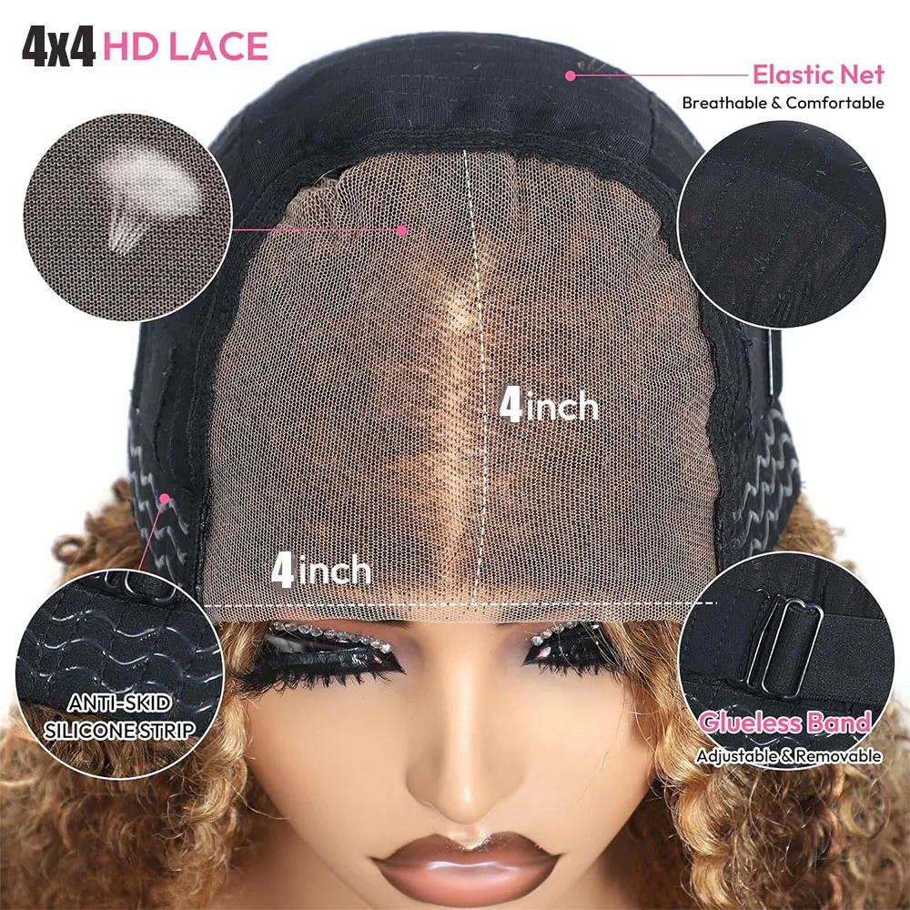 Ombre Highlight Deep Curly Wig Human Hair Wear And Go Glueless 4/27 Short Curly Bob Wig Human Hair Highlight 4X4 HD Lace Closure