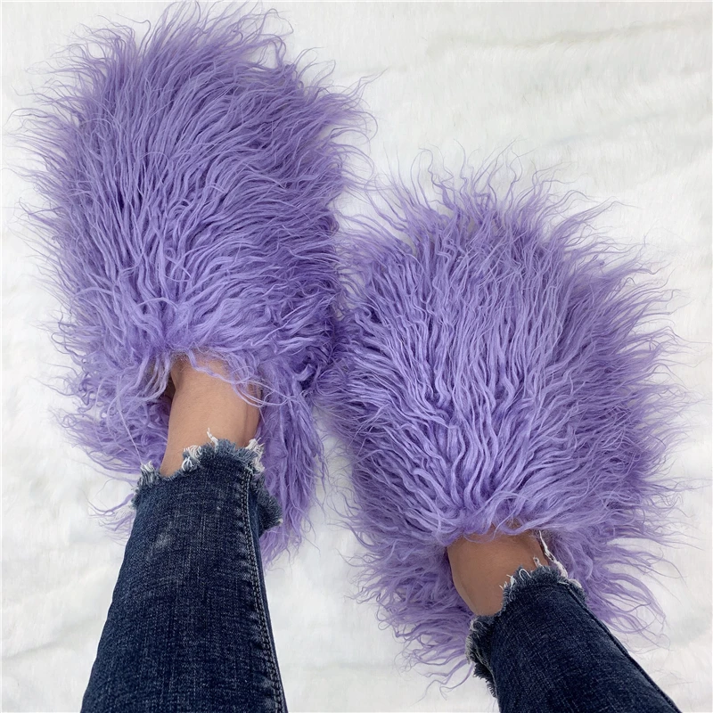 

Women's Pink Fluffy Sheep Fur Furry Slippers Custom Logo Mogolian Fur Fashion Slides