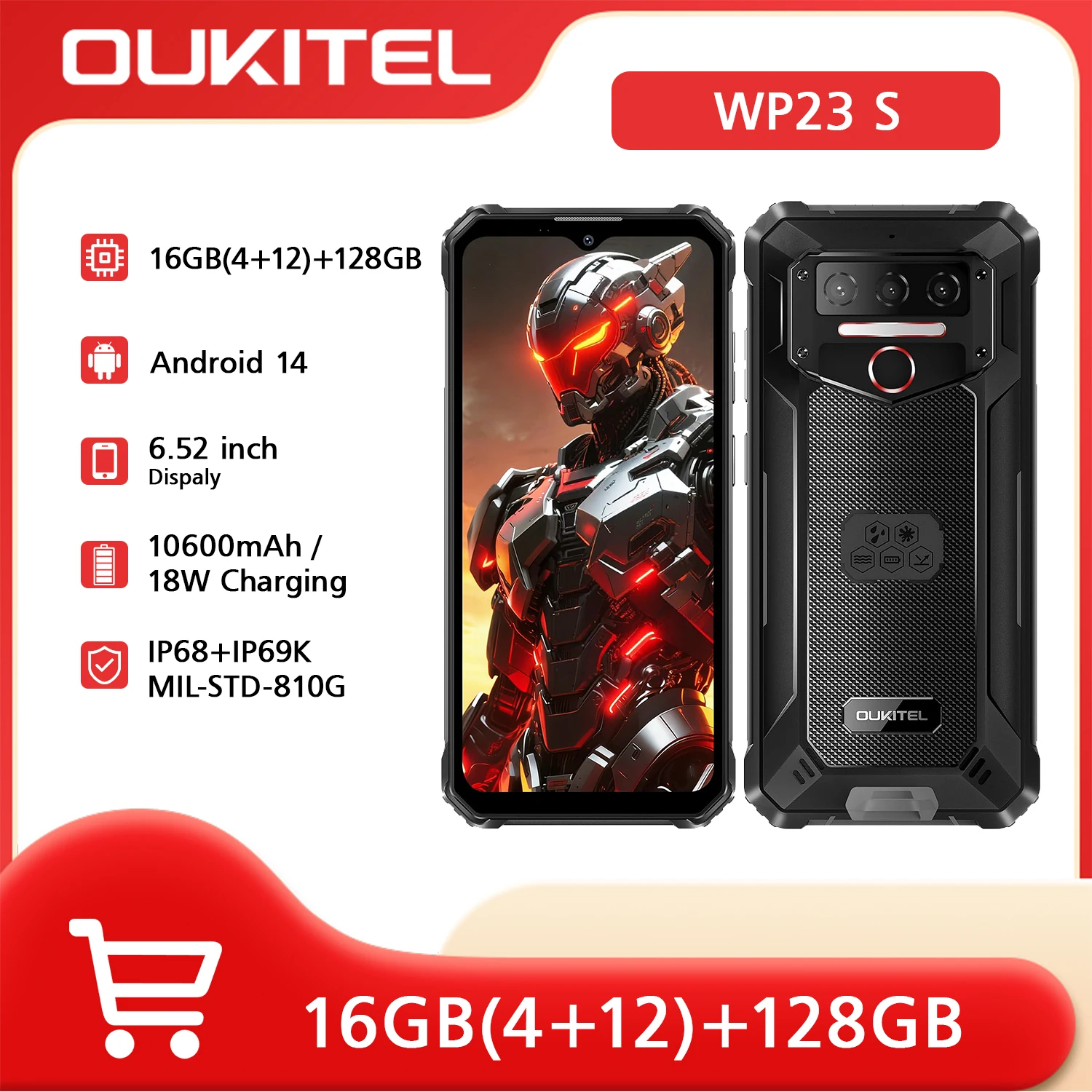 Teléfono Resistente OUKITEL WP23S Desbloqueado, Batería de 2026-10600mAh, 64GB/TF 1TB ROM, Teléfono Celular con Pantalla de 6.52'', Smartphone Resistente, Cámara de 13MP