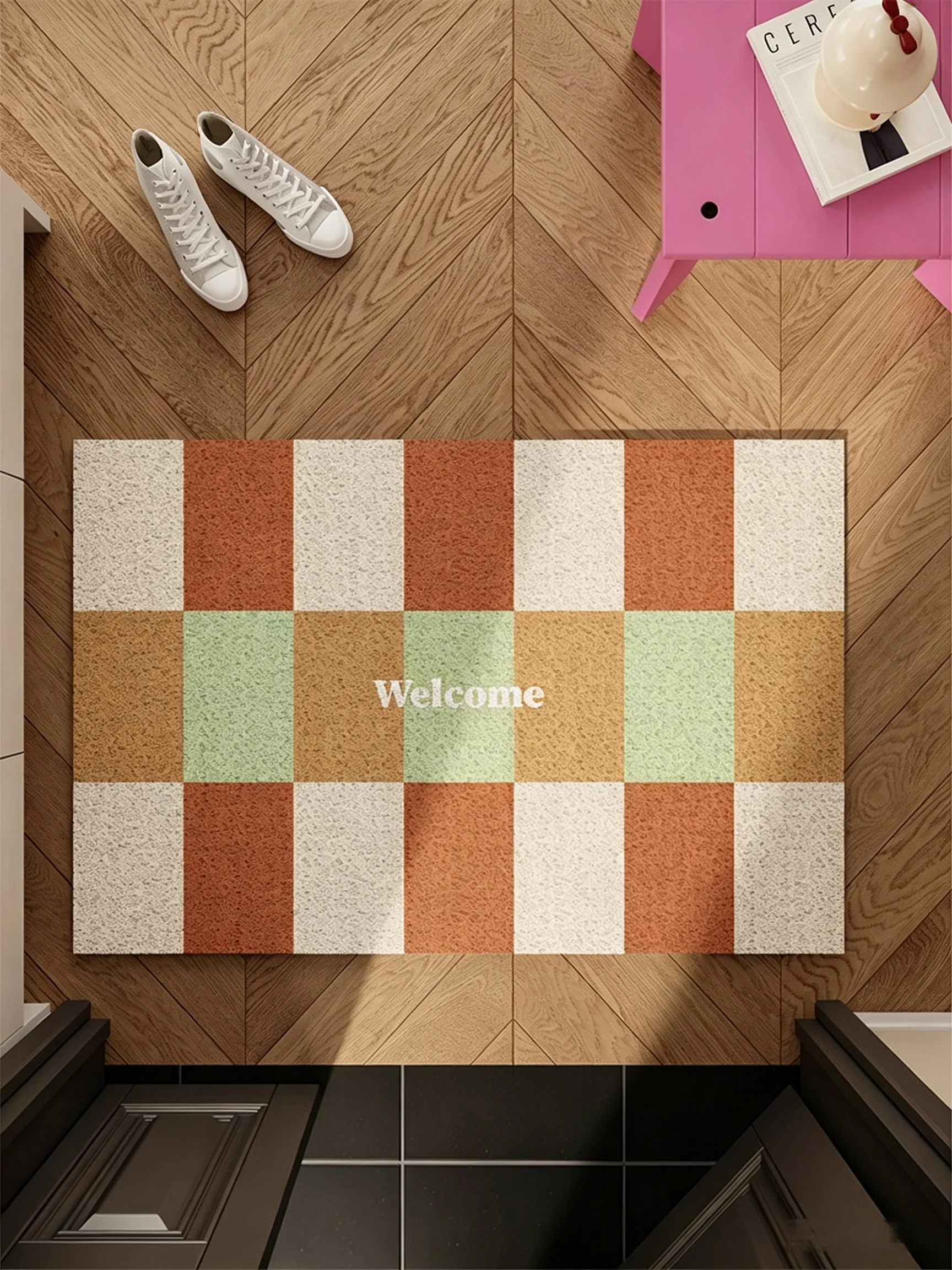 Korean Style Plaid Wire Loop Doormat Modern Checkerboard Entrance Floor Mat Non-Slip Washable Aesthetic Entryway Foot Pad