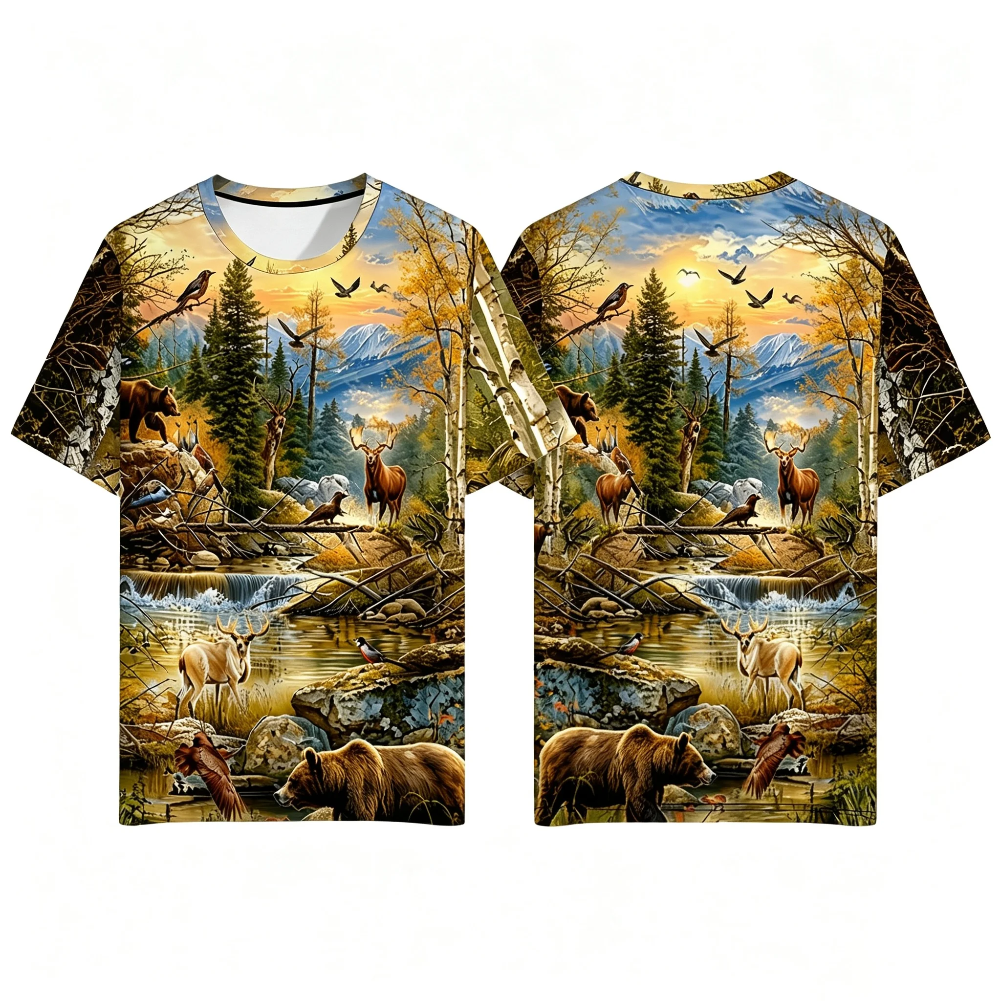 Men Wildlife Forest Bear Deer Bird Print T-Shirt Mountain Sunset Nature Landscape Short Sleeve Hunting Casual Tee