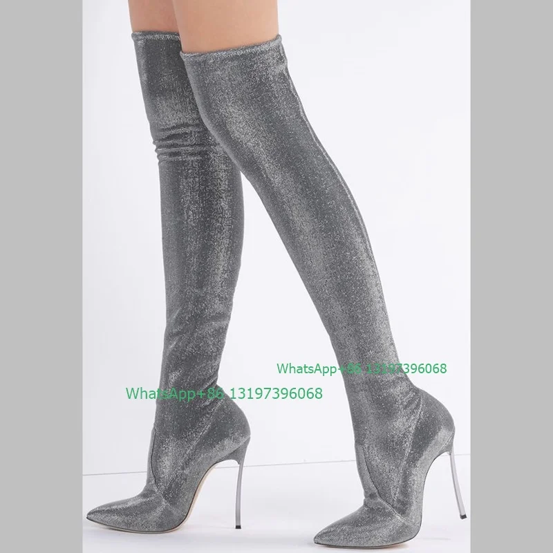 Lady sliver bling sequins thigh boots stiletto heel design lady sexy boots elegant causal over the knee boots footwear size 46