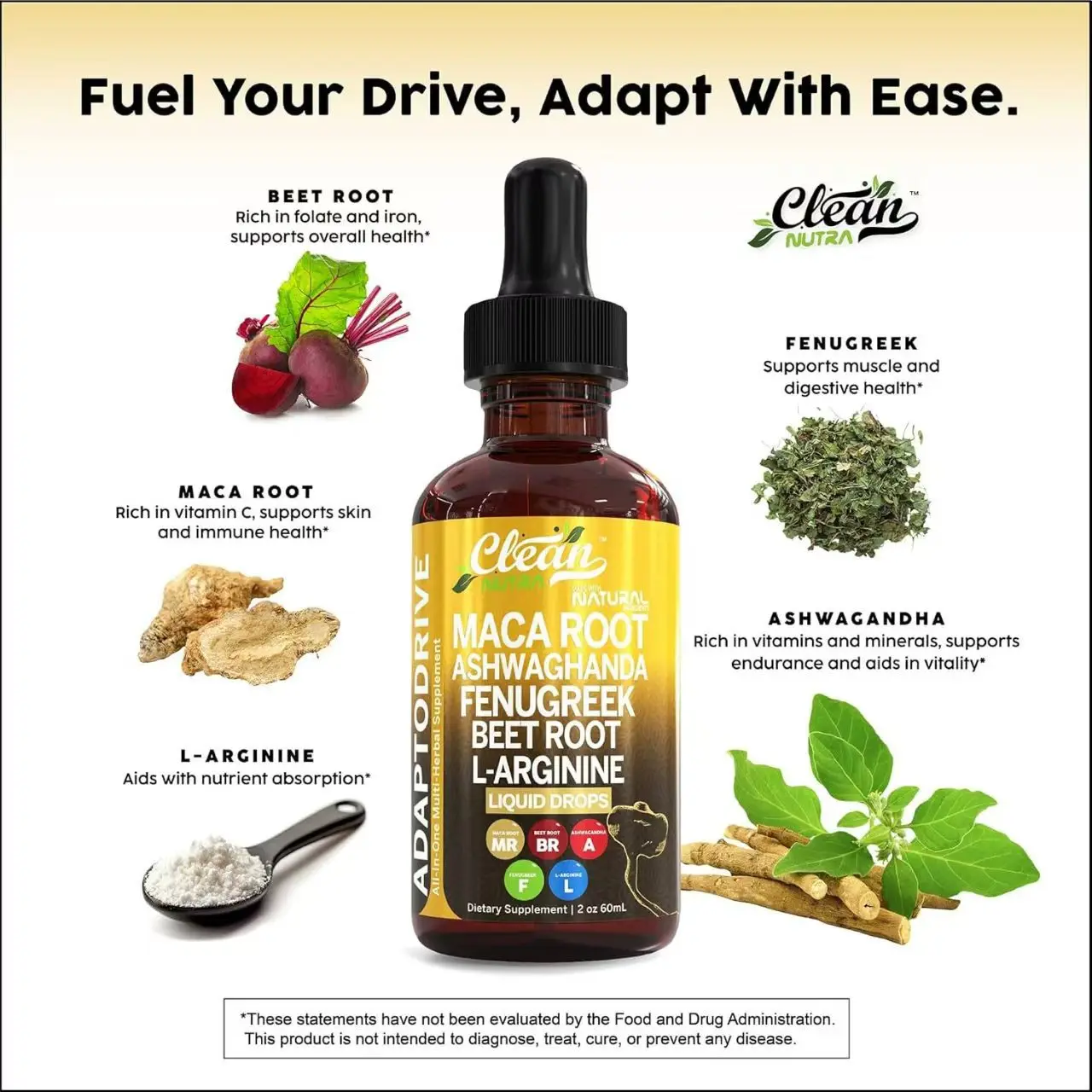Multi Herbal Complex Liquid Drops with Maca Ashwagandha L-Arginine, Natural Plant Blend Oral Dietary Supplement 60ml