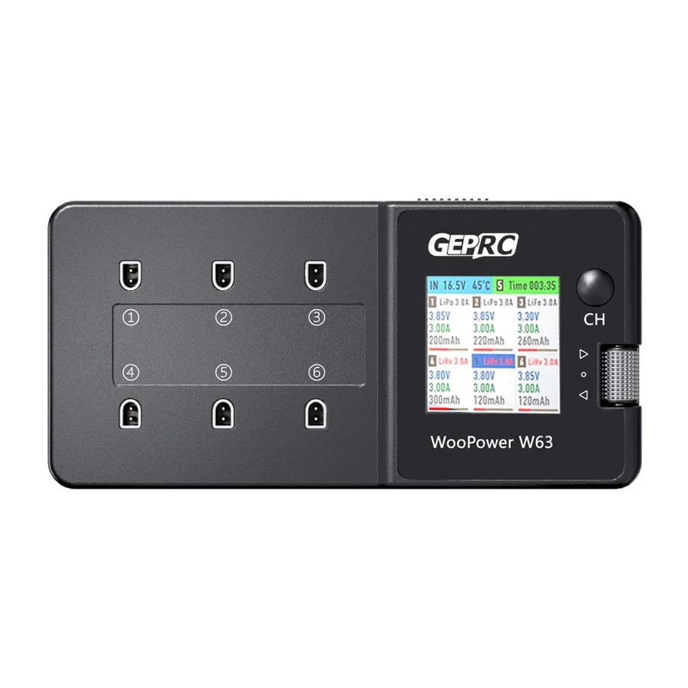 GEPRC WooPower W63 78W 3A * 6 6 منافذ 1S شاحن بطارية ليبو مفرغ مع وظيفة التخزين 1.54 بوصة IPS عرض دعم يبو/