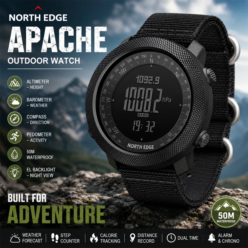 

NORTH EDGE APACHE Outdoor Digital Watch for Men Altimeter Barometer Compass Pedometer Weather Forecast Waterproof Sports Watch