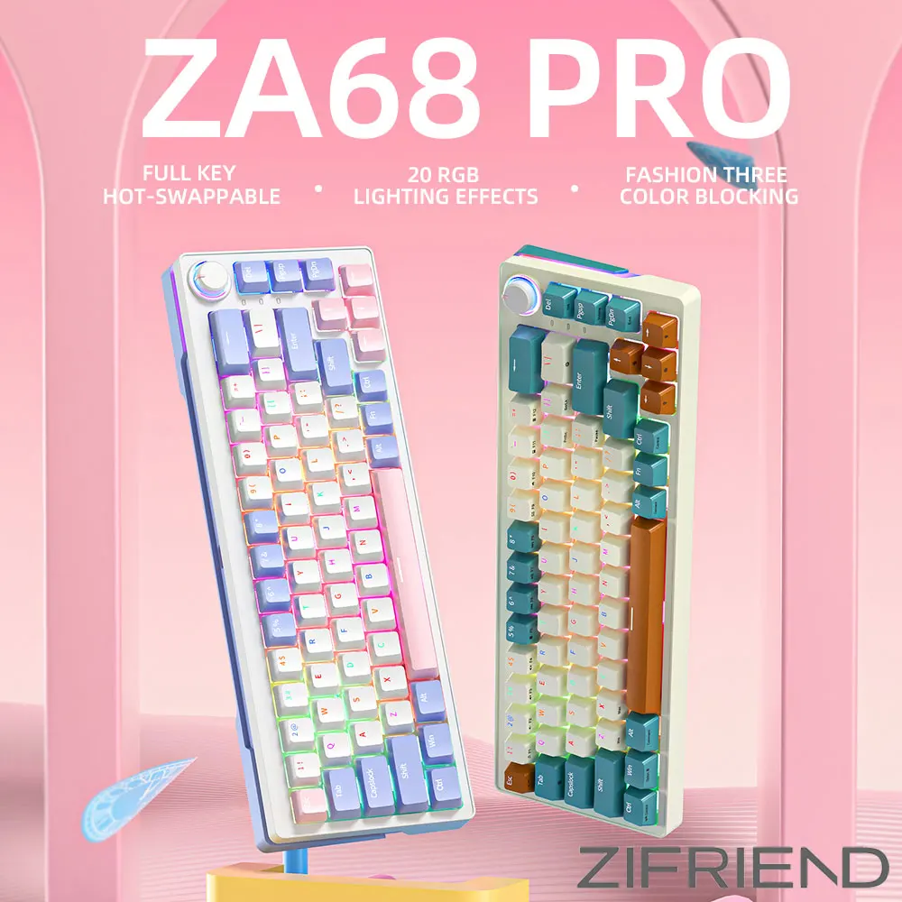 ZIFRIEND ZA68 PRO 2.4G Wireless/Bluetooth/Wired RGB 23 Lighting Effects Mechanical Keyboard Hot-swappable 68 Keys with Knobs