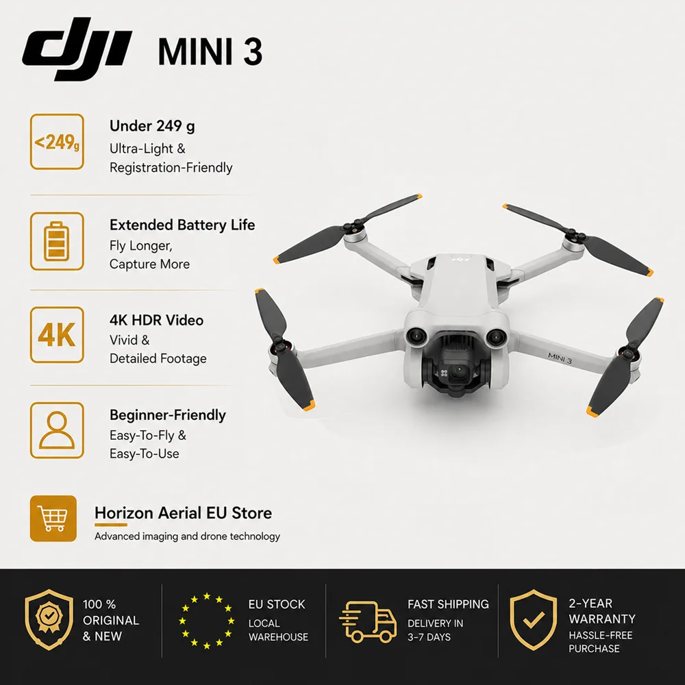 EU Stock 100% Original DJI Mini 3 Drone | Under 249g | 4K HDR Video | Extended Battery Life | True Vertical Shooting | Easy-To-Fly | 2-Year Warranty