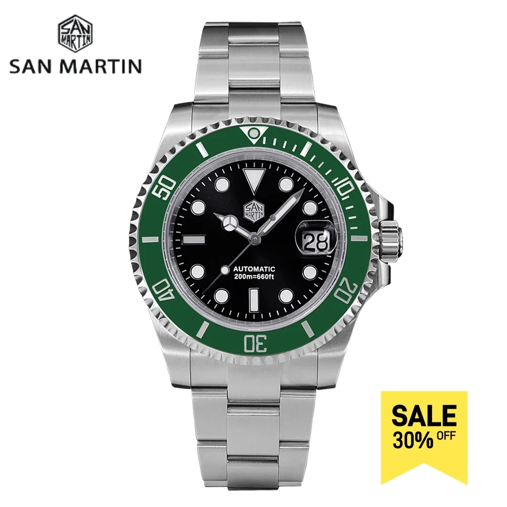 

San Martin 41mm Mens Diver Watch Luxury Water Ghost PT5000 Automatic Mechanical Sapphire Date Cyclops 20Bar BGW-9 Luminous SN019