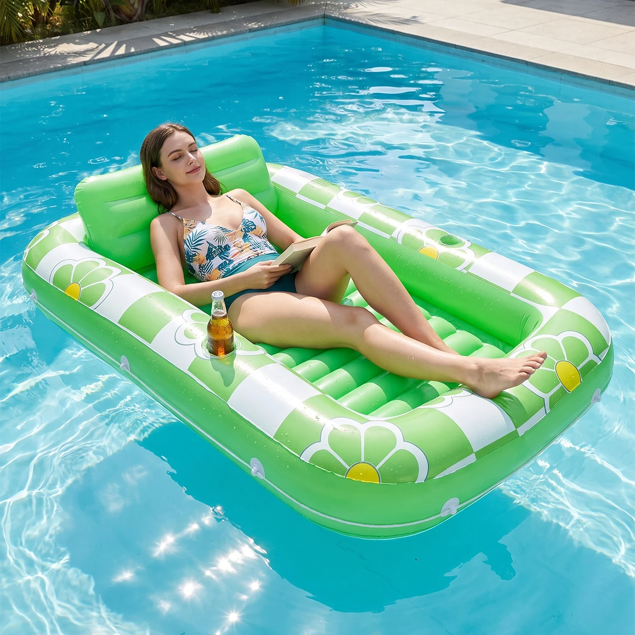 Inflatable Tanning Pool Lounger Float,Pool Floats Adult with Pillow, 4 in 1 Suntan Tub Raft Floatie,Sunbathing Bed Lounge view 5