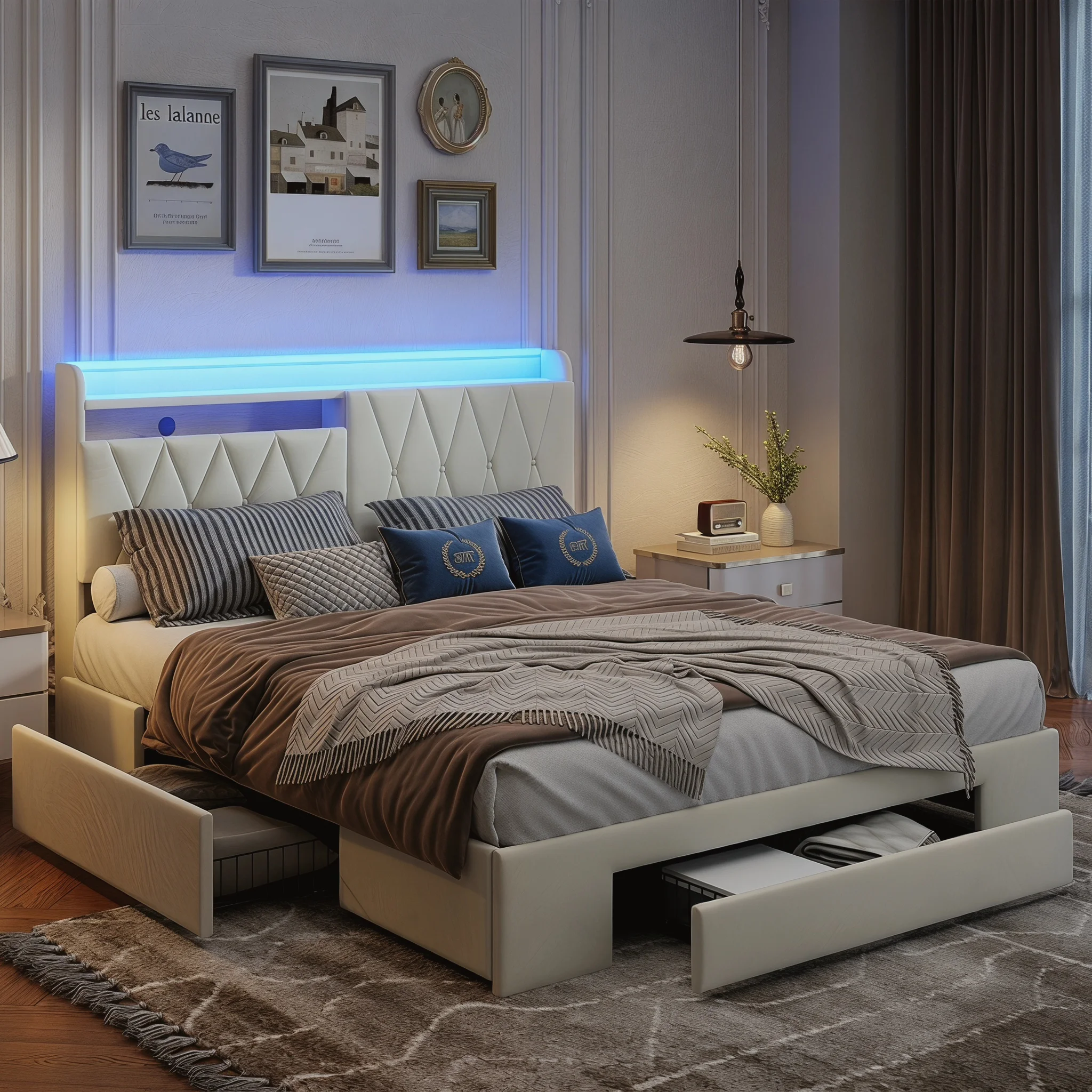 Superaly 140 x 200 cm Polsterbett, LED-Doppelbett mit 3 Schubladen und Lattenrost, Kopfteil mit Stauraum und USB-Ladefunktion, Samt, Beige