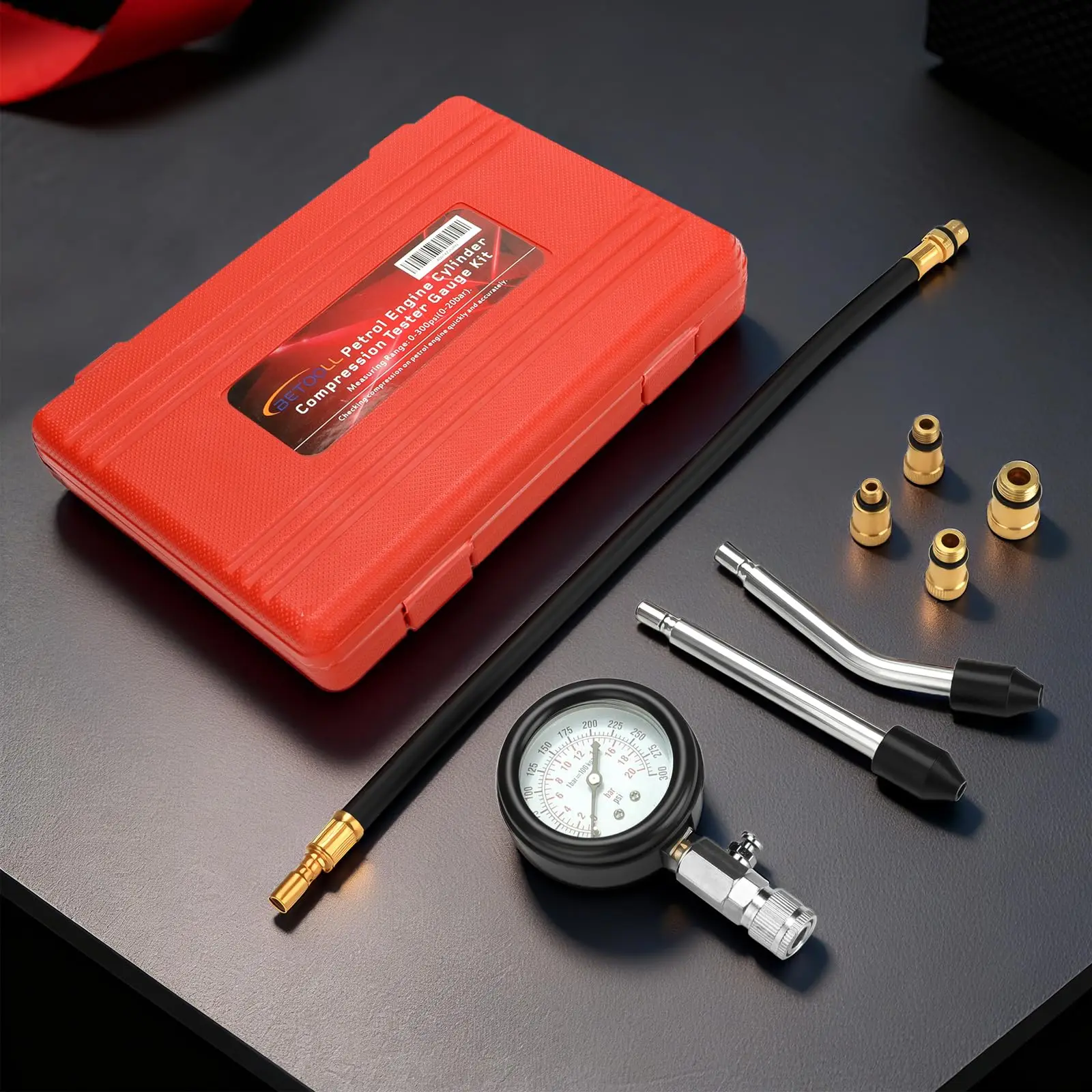 Automotive Engine Cylinder Compression Pressure Test Gauge Kit, Dual Scale 0~300PSI Pressure Meter Equipped with Straight & Curved Rubber Cone Adapters, Professional Engine Compression Diagnostic Tool for Gasoline Cars, Motorcycles and Light Trucks