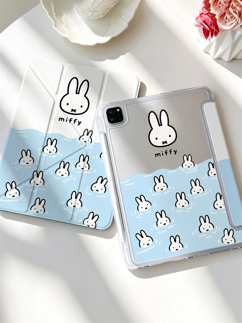 Kawaii Miffy Water Wave Print Crystal Clear Y-fold Double-sided Print Case For iPad Pro 11 Air4 Air5 10 Gen With Pencil Slot Sho