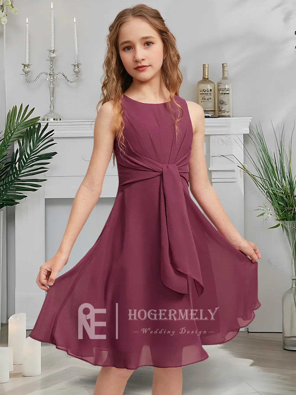 thereal A-Line Junior Bridesmaid Dress Mulberry Mist Flower Girl Dress Scoop Knee-Length Chiffon Garden Gala Wedding Party Gown
