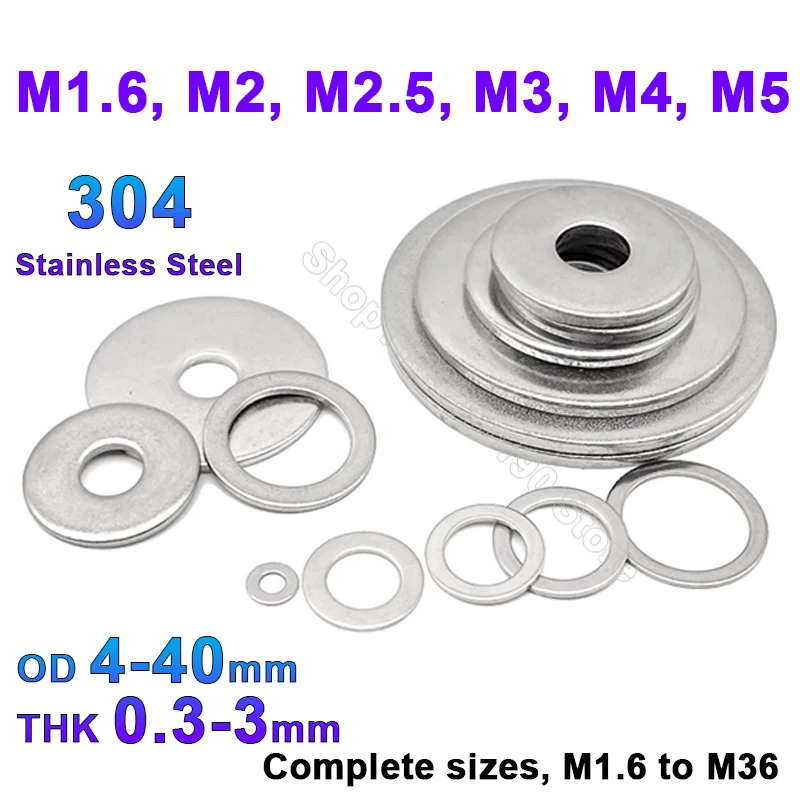 2-100pcs M1.6 M M2.5 M3 M4 M5 Flat Washer 304 Stainless Steel Metal Gasket Meson Shim Ring Plain Washers Din9021 for Screw Bolts