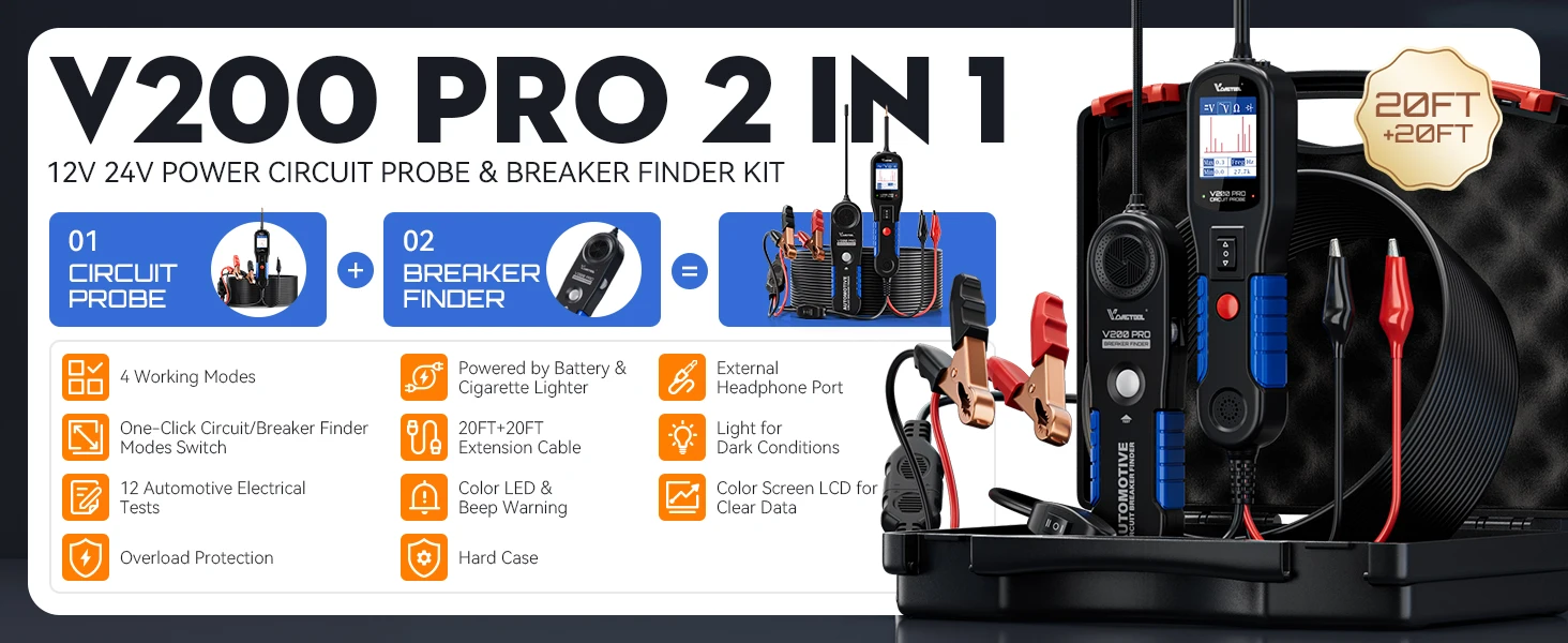 VDIAGTOOL V200PRO Automotive Power Circuit Probe 12/24V Electrical Short Open Breaker Finder Car Electrical Diagnostic 40FT Cabl