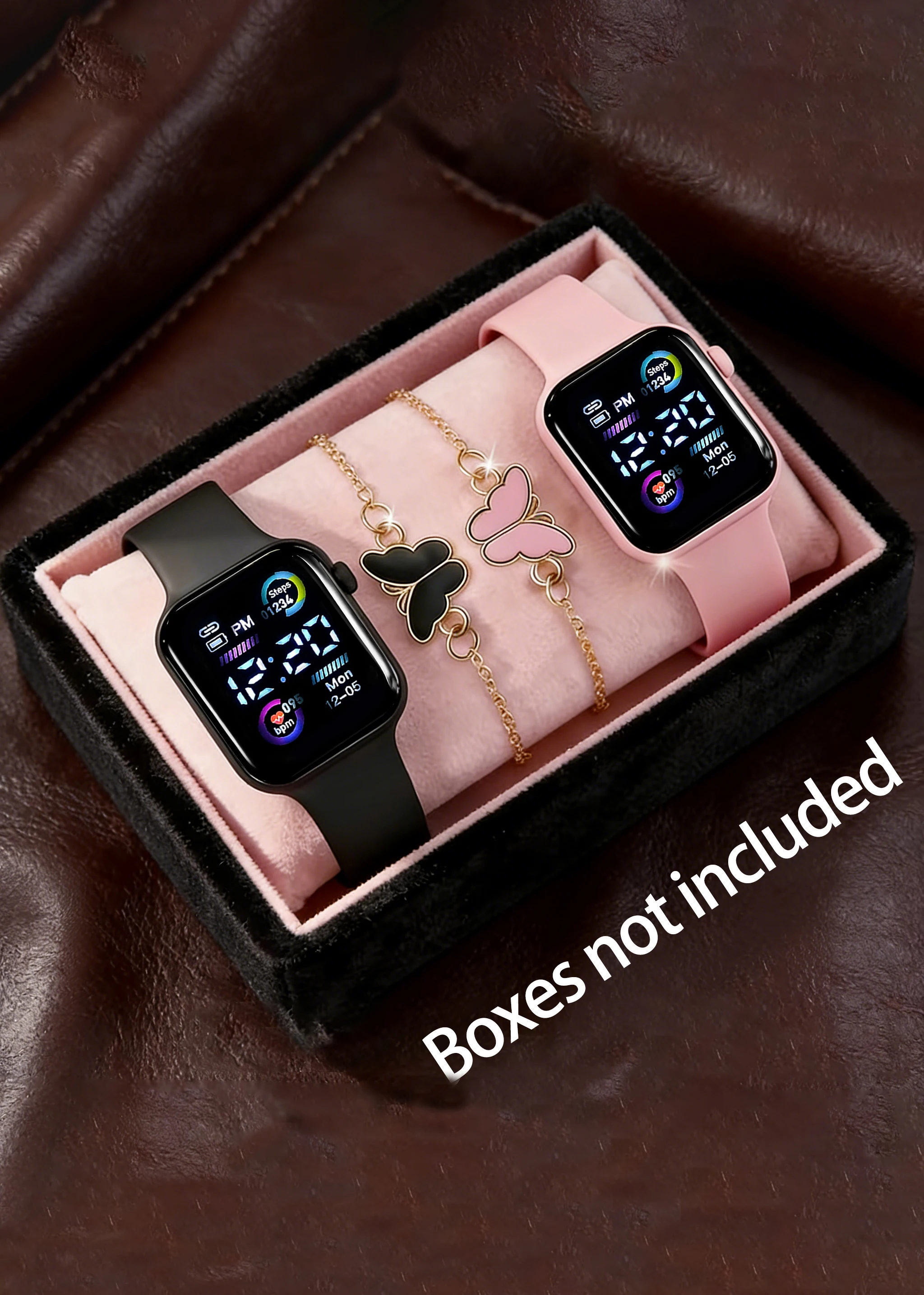 4-Piece Set of Cute and Stylish Electronic Watches for Couples, Paired with a Black and Pink Butterfly Bracelet Set, Suitable for Couples, Casual and Versatile, a Great Choice as a Gift