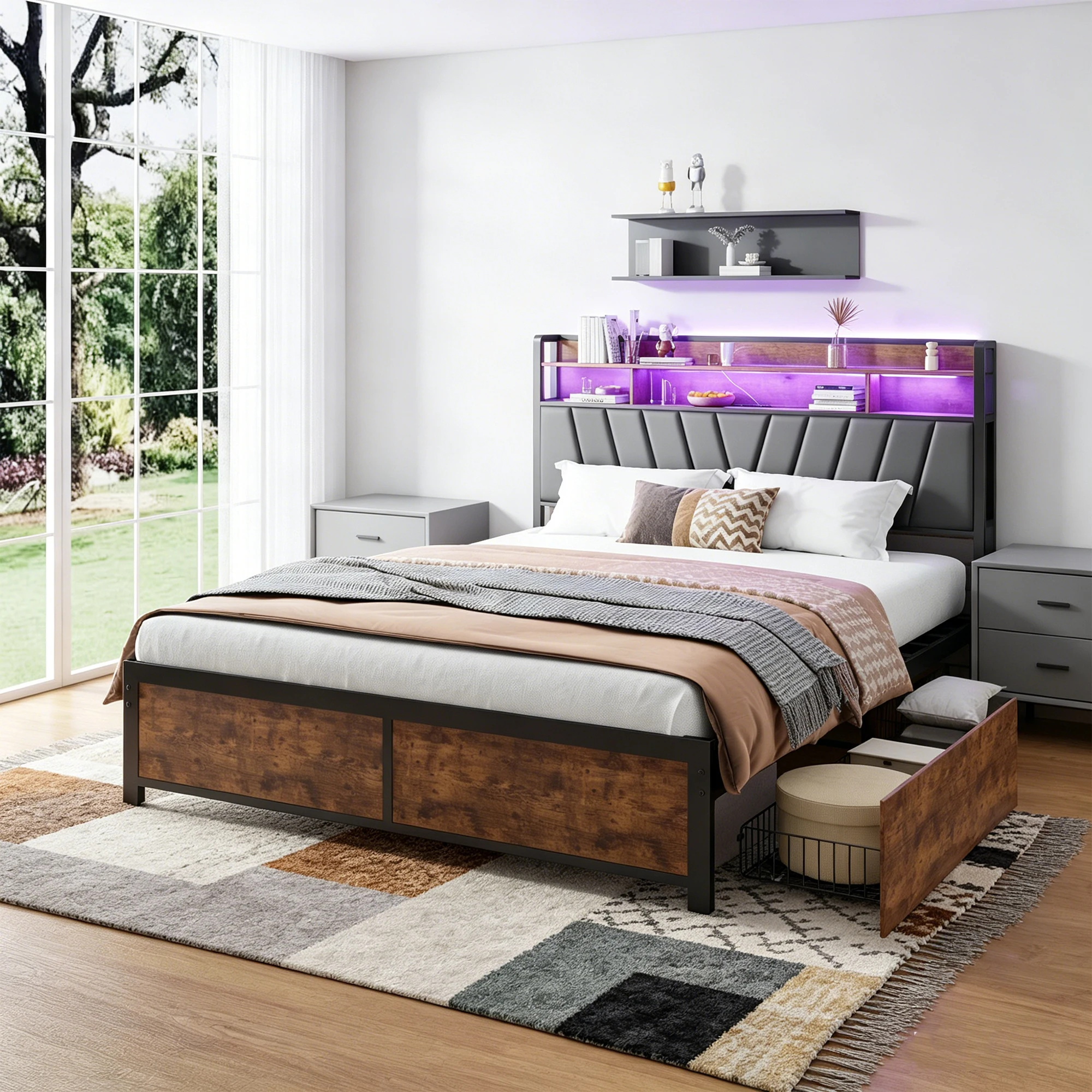 Cama Doble Superaly de 180x200cm, Cama de Madera y Metal con 4 Cajones, Cama Tapizada con USB e Iluminación LED, Estructura de Cama con Somier, Cama Juvenil para Dormitorio