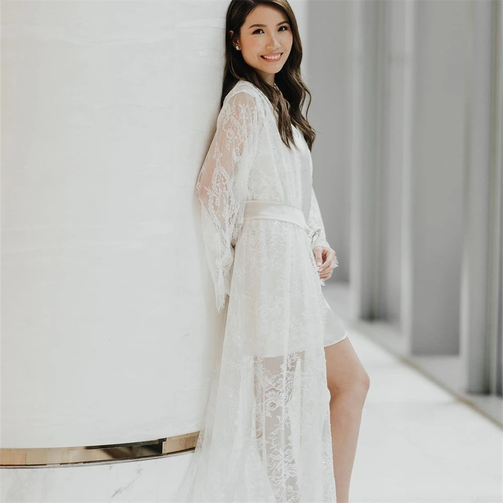 Customized Two-pieces Long Sleeves Lace Bride Robe For Wedding Sexy Bridal Shower Dress Women Night Gwons 2024