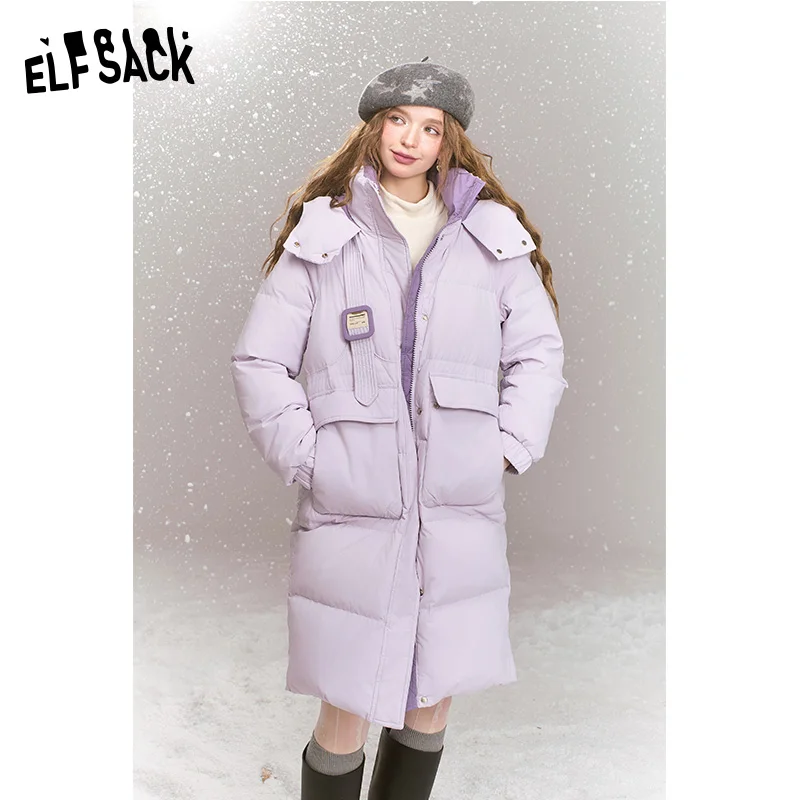 ELFSACK 2024 Winter New Arrivals Fashionable loose contrast color mid-length hooded warm down jacket for women