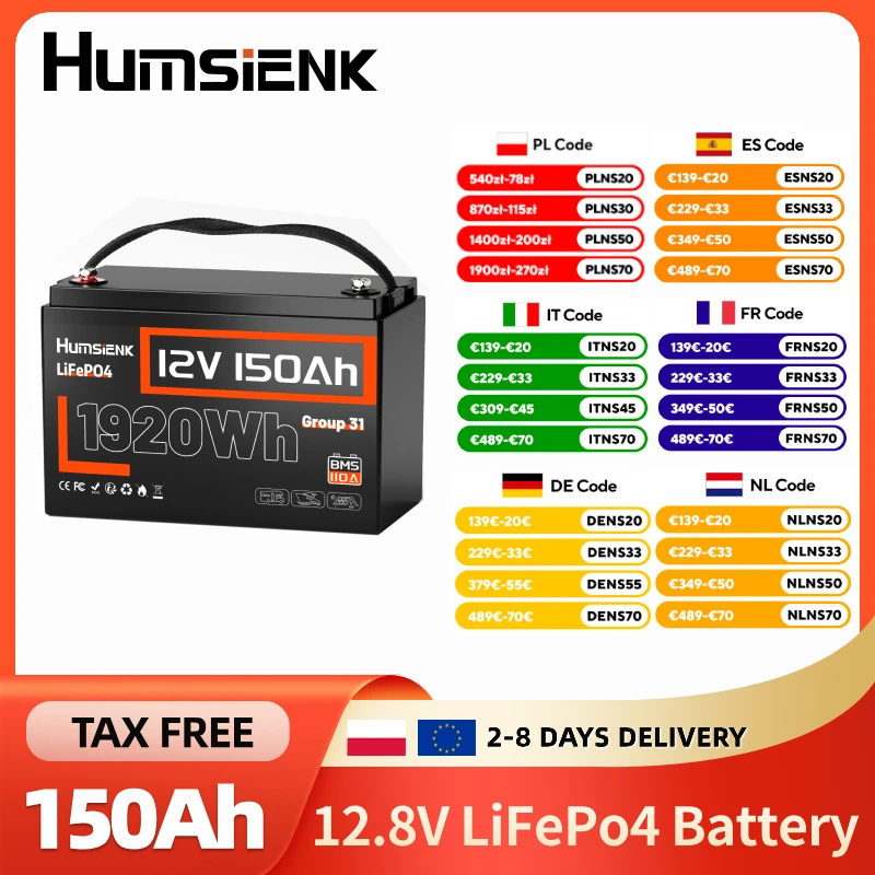 Humsienk 12V 150Ah LiFePO4 Lithium-Batterie Gruppe 31 mit Niedertemperaturschutz, Wiederaufladbare Deep-Cycle-Batterie mit 110A BMS, Ideal für Solar, Wohnmobile, Camper, Marine, Trolling-Motoren