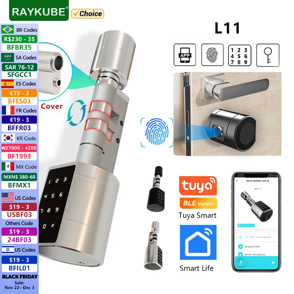 RAYKUBE L11 Tuya BEL Fingerprint Cylinder Electronic Door Lock With Adjustable Cylinder Length Password/Key/Tuya APP Unlok