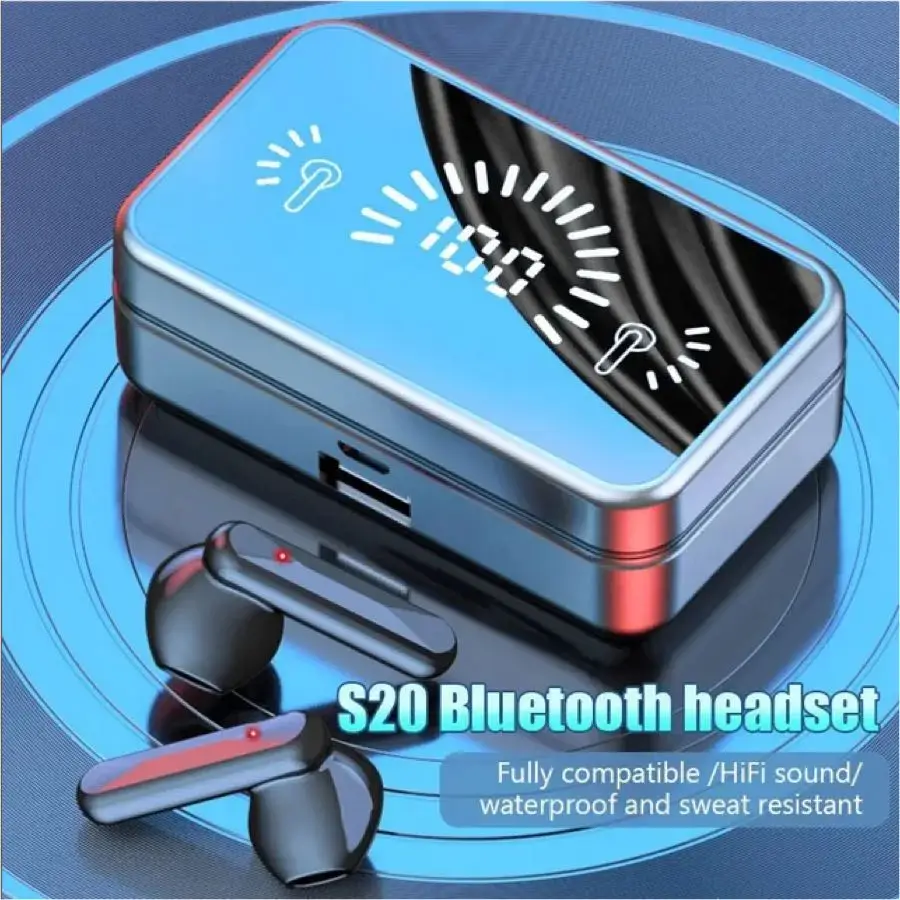 S20 TWS Sem Fio Bluetooth Headset Com Caixa De Carga, Cancelamento De Ruído, Fones De Ouvido LED Com Microfone, Fones De Ouvido