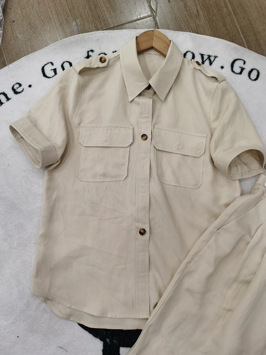 Minimal business lady summer women's solid color 100% linen pant suit