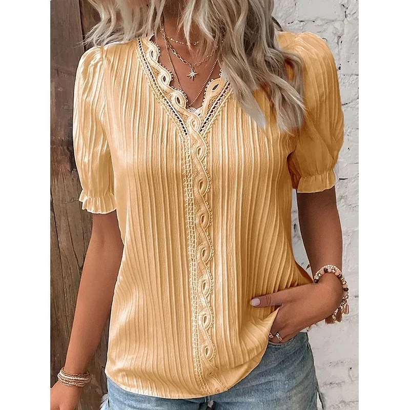 Summer V Neck Lace Stitching Patchwork Women Shirts Hollow Short Sleeve Pullover Top Office Elegant Top Office Lady Blouse