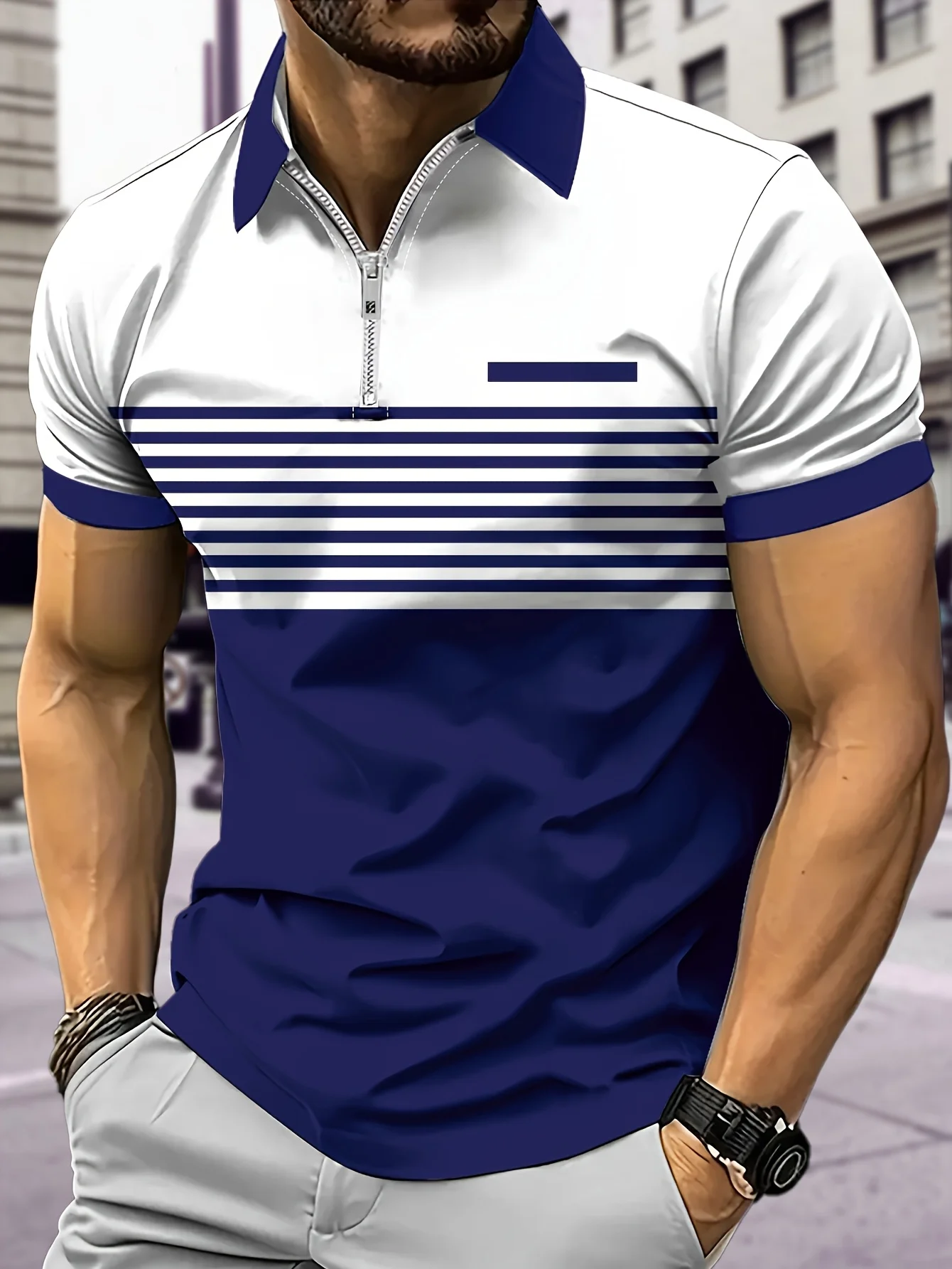 Tee Men Horizontal Stripe Zip Collar Short Sleeve Polo Breathable Sport Daily Outdoor Trendy Versatile Soft Light Summer Apparel
