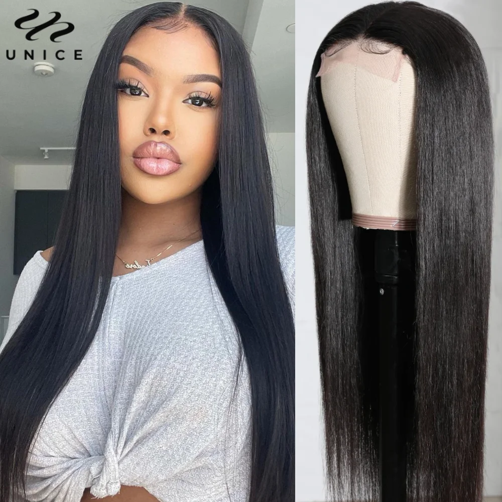 UNice Hair 4x1 Middle T-Part Lace Wig Natural Color Straight Human Hair Lace Closure Wig for Women 150% Density