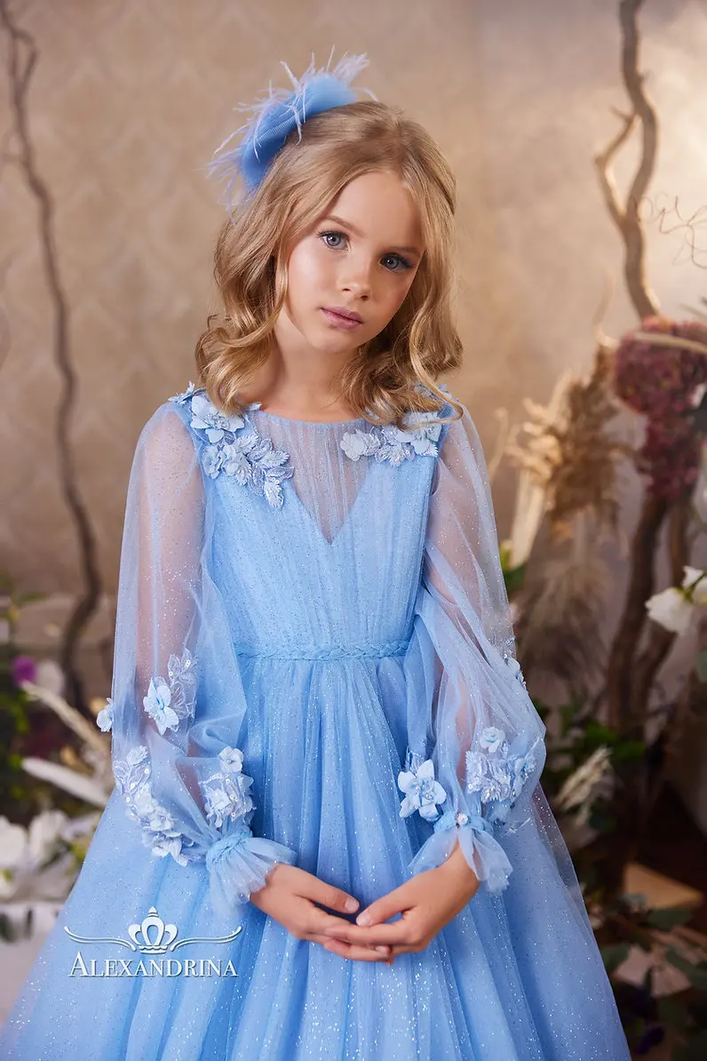 Vestido de flores azul cielo claro para niñas, vestidos de noche de encaje para boda, fiesta de princesa para niños, vestidos para sesión de fotos, cumpleaños de niña