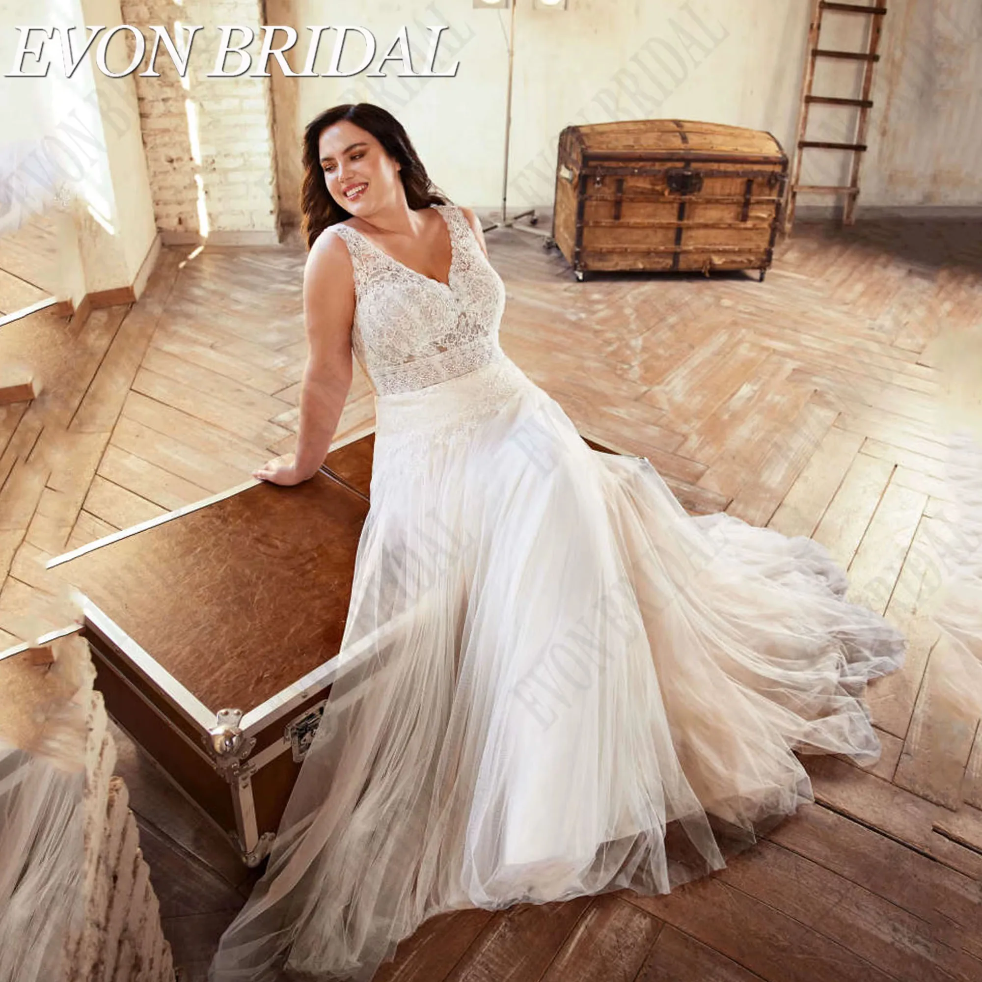 

Plus Size Sleeveless Wedding Dresses V-Neck A-Line Applique Button Back Boho Bride Gowns Vestidos De Novias EVON BRIDAL Customiz