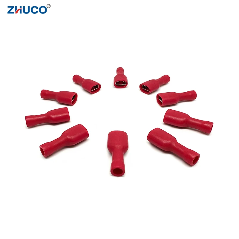 100pcs FDFD1.25-250 6.35mm Red Fully Insulated Electrical Cable Connector Faston Female Brass Crimp Spade Terminal 22-16 AWG